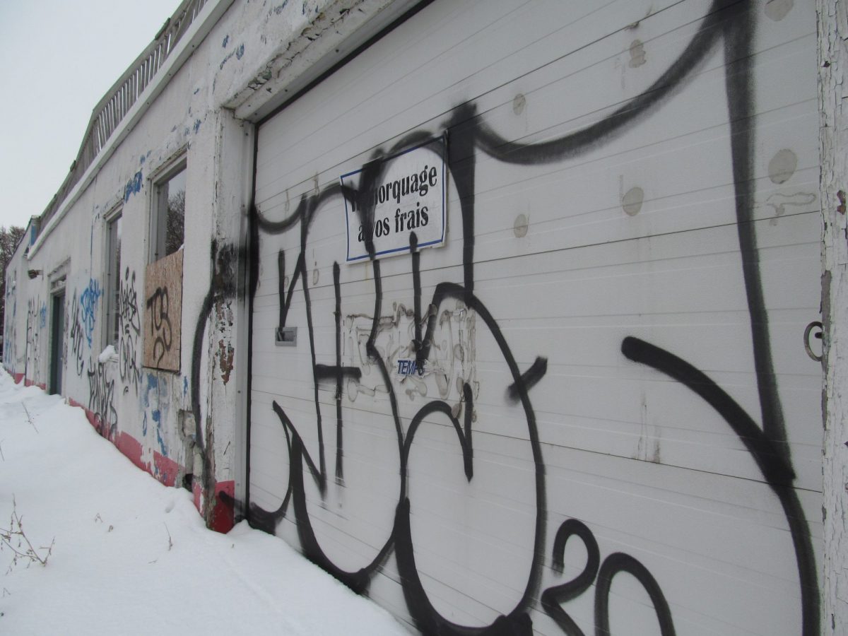 Des graffitis sur une porte de garage.