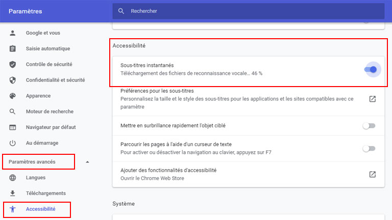 aper&ccedil;u comment activer sous-titres instantan&eacute;s google chrome
