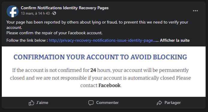 Voici à quoi ressemble le faux signalement de Confirm Notifications Identity Recovery Pages Fausse alerte Facebook Confirm Notifications Identity Recovery Pag