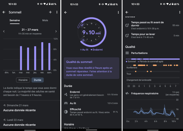 À travers l’application Google Fit, on peut retrouver toutes les informations sur notre sommeil. Google Nest Hub 2e génération données sommeil Google Fit