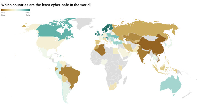 Carte des pays les plus et moins prot&eacute;g&eacute;s en terme de cybers&eacute;curit&eacute;