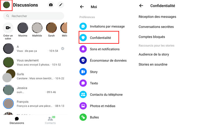 &eacute;tapes comment acc&eacute;der param&egrave;tres confidentialit&eacute; facebook messenger