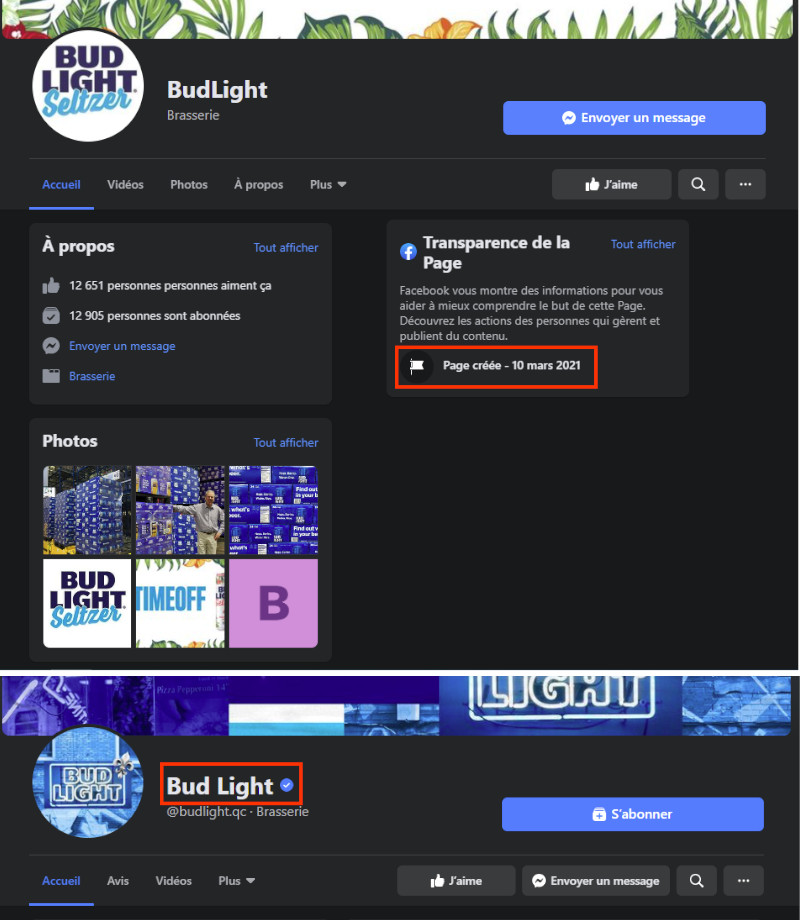 Voici la fausse et la vraie page Facebook de BudLight. La vraie a un crochet bleu à la droite du nom. Comparer vraie et fausse page Facebook BudLight