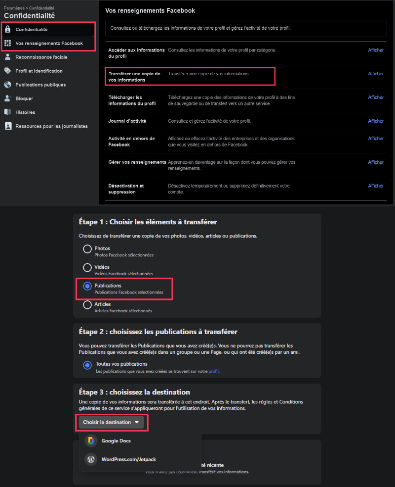 Transferts publications Facebook vers Google Doc ordinateur