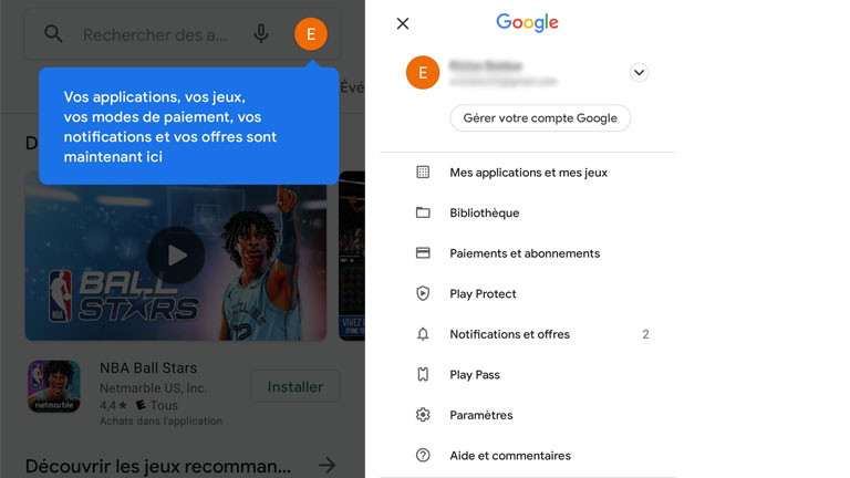 À l’ouverture du Play Store, une bulle bleue nous indique que le menu a été revampé et déplacé. aperçu nouveau menu principal google play store