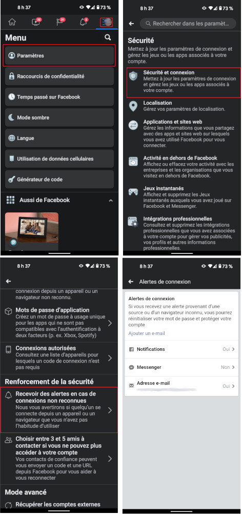 Comment activer alertes s&eacute;curit&eacute; Facebook mobile