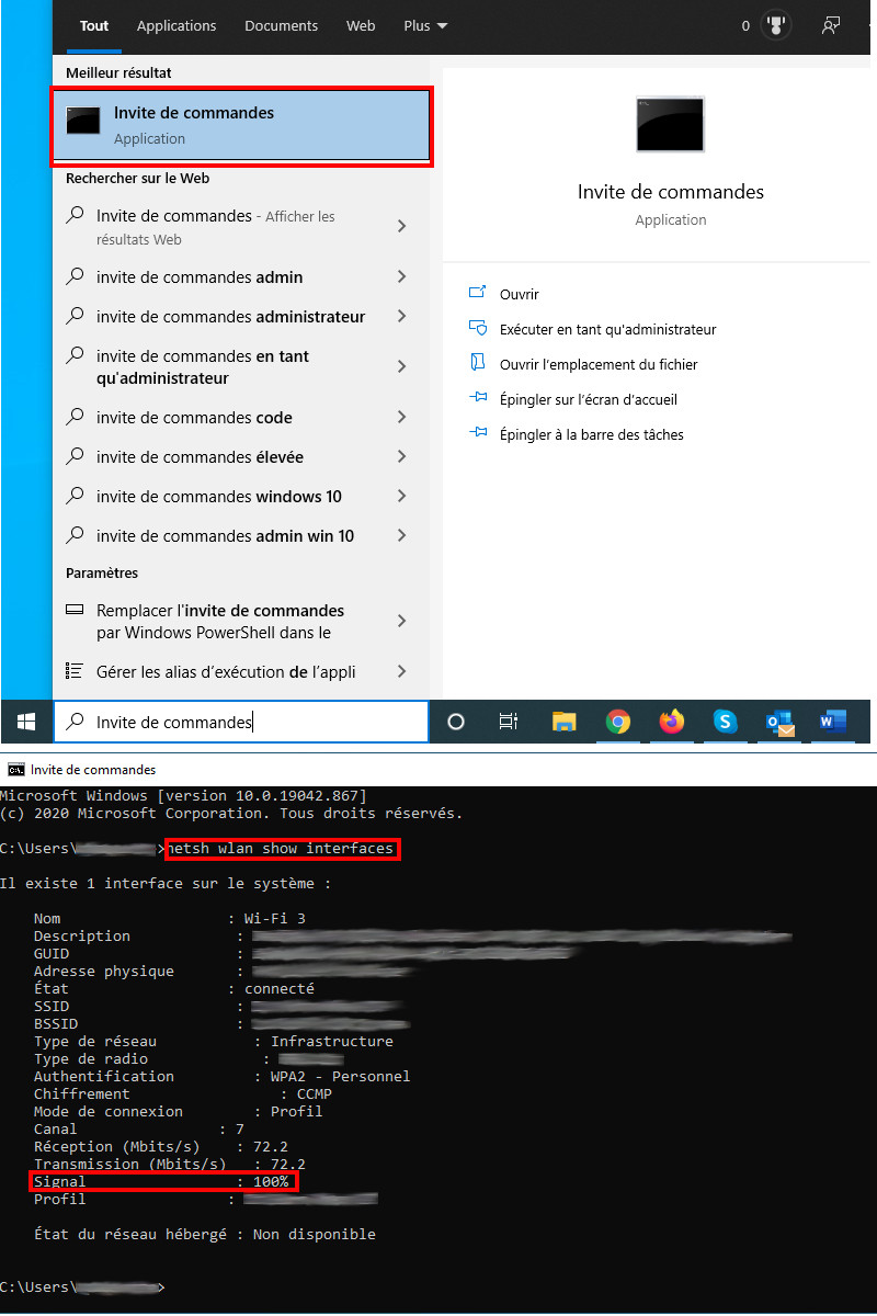 V&eacute;rifier force signal wifi Invite de commandes