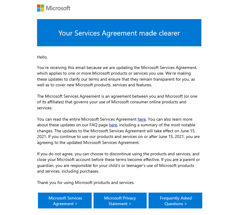 Microsoft courriel mise &agrave; jour contrat de services