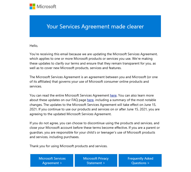 Microsoft courriel mise à jour contrat de services