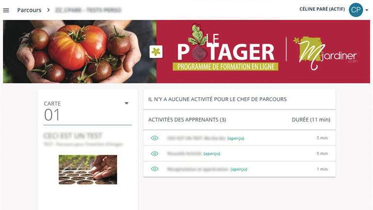 Un aperçu de ce quoi a l’air le tableau de bord de l’étudiant. exemple tableau bord étudiant formation potager mjardiner