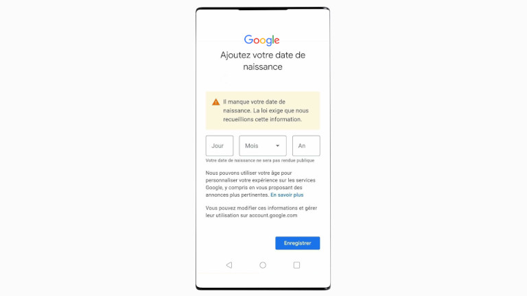 Avertissement date de naissance compte Google