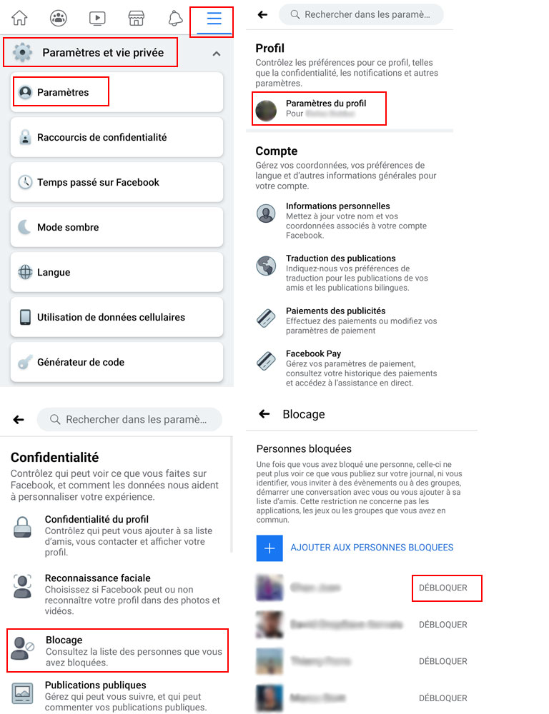 aper&ccedil;u comment d&eacute;bloquer des contacts Facebook application mobile
