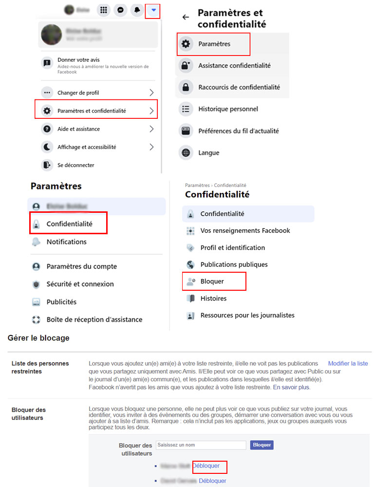 aper&ccedil;u comment d&eacute;bloquer des contacts facebook navigateur web