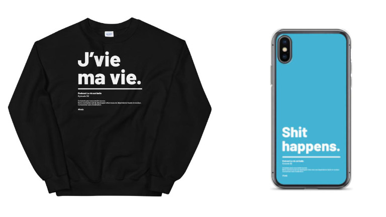 La collection citations de la boutique en ligne de v&ecirc;tements avec un crewneck et un &eacute;tui de t&eacute;l&eacute;phone
