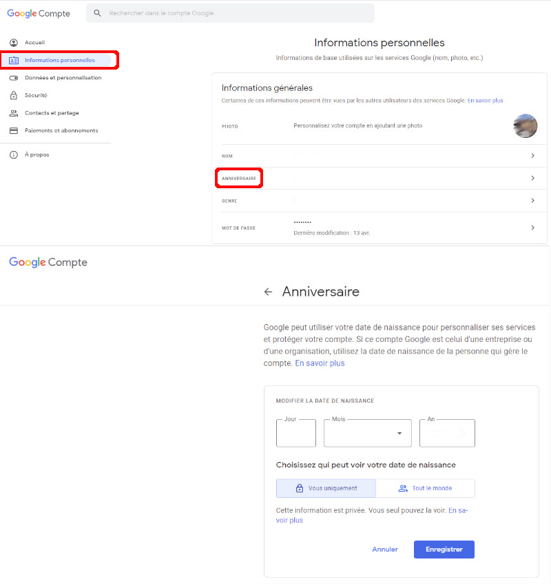 Comment ajouter date de naissance Google