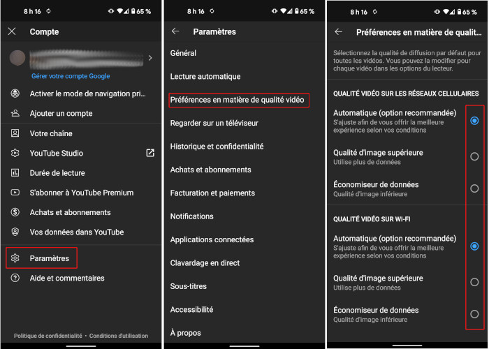 YouTube modifier pr&eacute;f&eacute;rences qualit&eacute; vid&eacute;o par d&eacute;faut application mobile