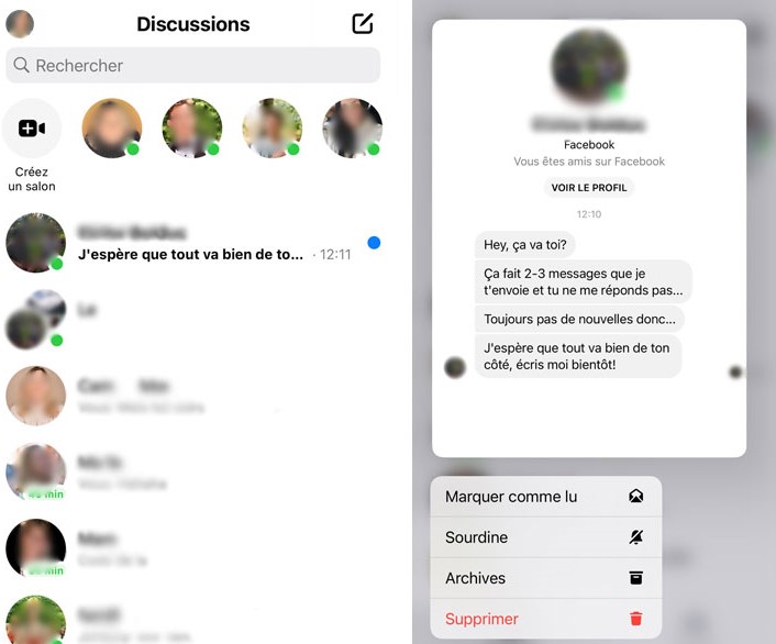 Un aper&ccedil;u de l'option pr&eacute;visualisation d'un message disponible sur l'application Facebook Messenger seulement pour iPhone ou iPad 