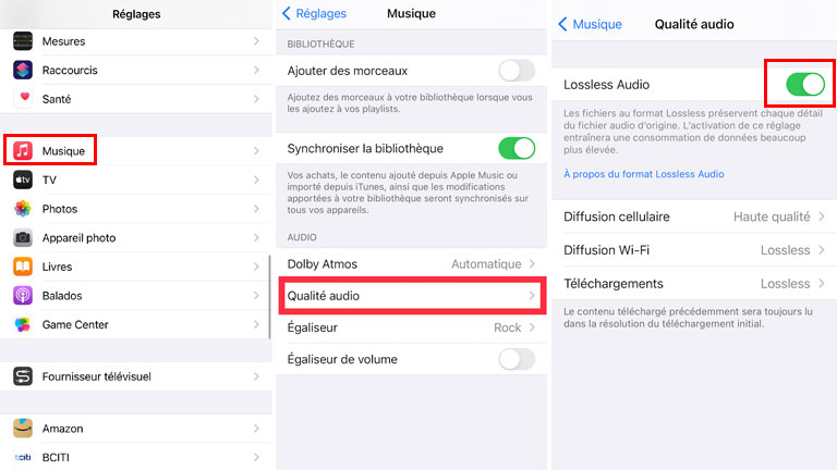 aper&ccedil;u comment activer lossless audio apple music iPhone iPad