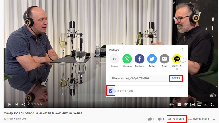 aper&ccedil;u comment partager moment pr&eacute;cis vid&eacute;o YouTube ordinateur