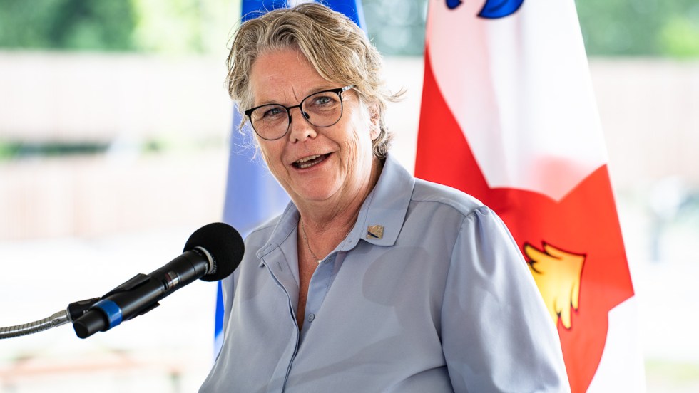 Chantal Rouleau, ministre responsable de la métropole, devant des drapeaux du Québec et de Montréal.