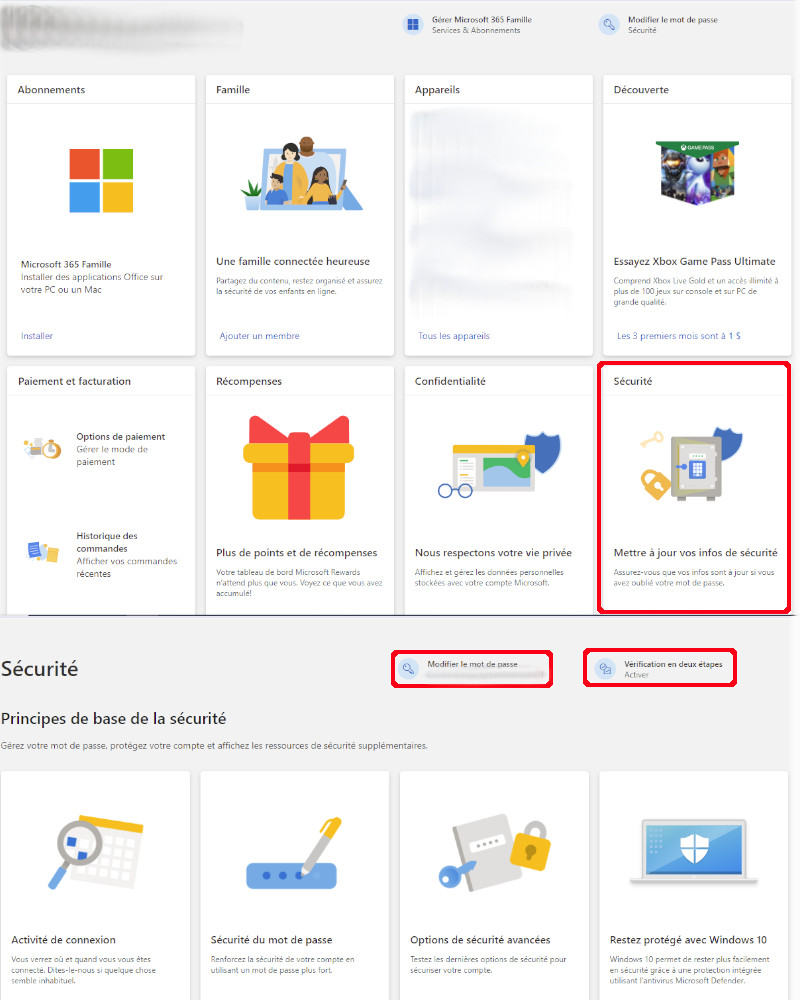 Comment changer mot de passe et activer vérification deux étapes Outllok