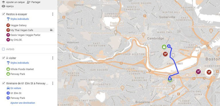 Google My Maps permet de faire d’épingler une multitude de choses pour créer une carte personnalisée. aperçu barre recherche ajout d'options google my maps