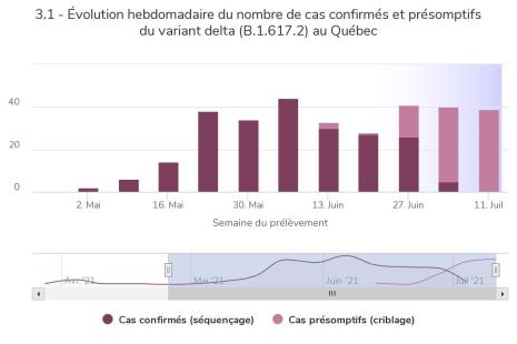 Le variant delta repr&eacute;sente une part sans cesse grandissante des nouveaux cas de COVID-19 au Qu&eacute;bec
