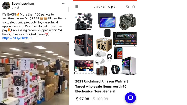 Le genre de publicité que l’on voit circuler sur Facebook et qui nous promet la lune à très bas prix. exemples publications frauduleuses boîtes non réclamées Amazon