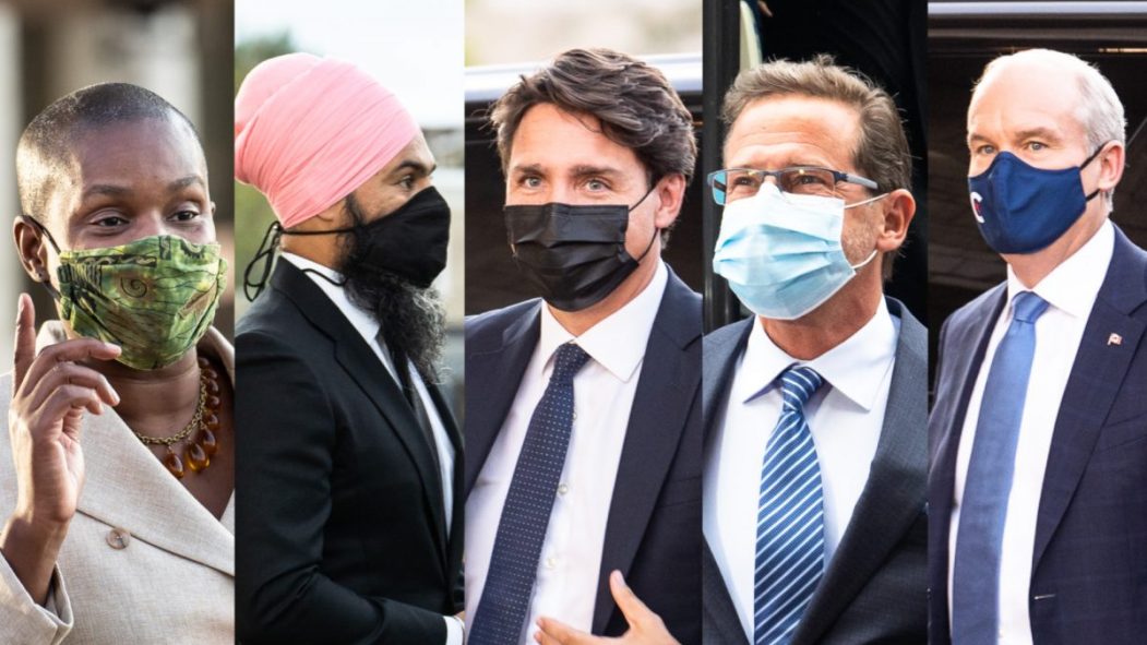 Jagmeet Singh, Annamie Paul, Yves-François Blanchet, Justin Trudeau et Erin O'Toole à leur arrivée au débat des chefs lors des élections fédérales 2021.