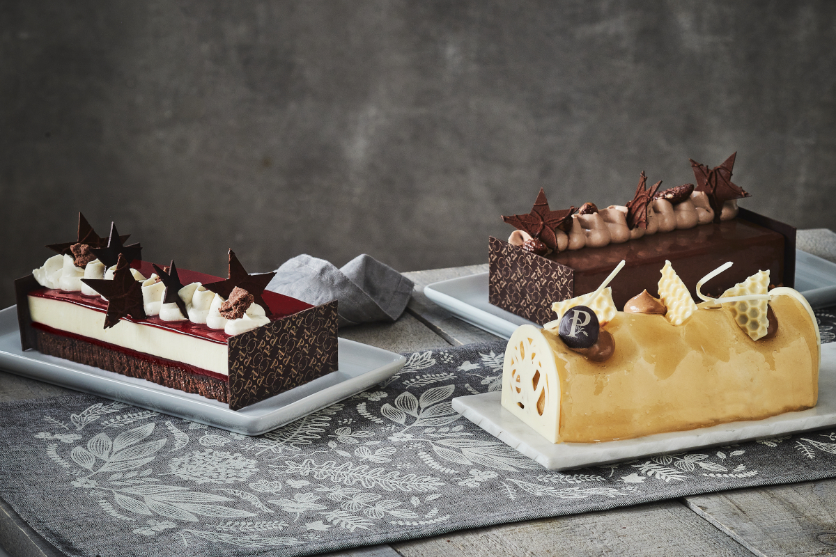 Quelques bûches de Noël de la chaîne de pâtisserie/boulangerie Première Moisson.