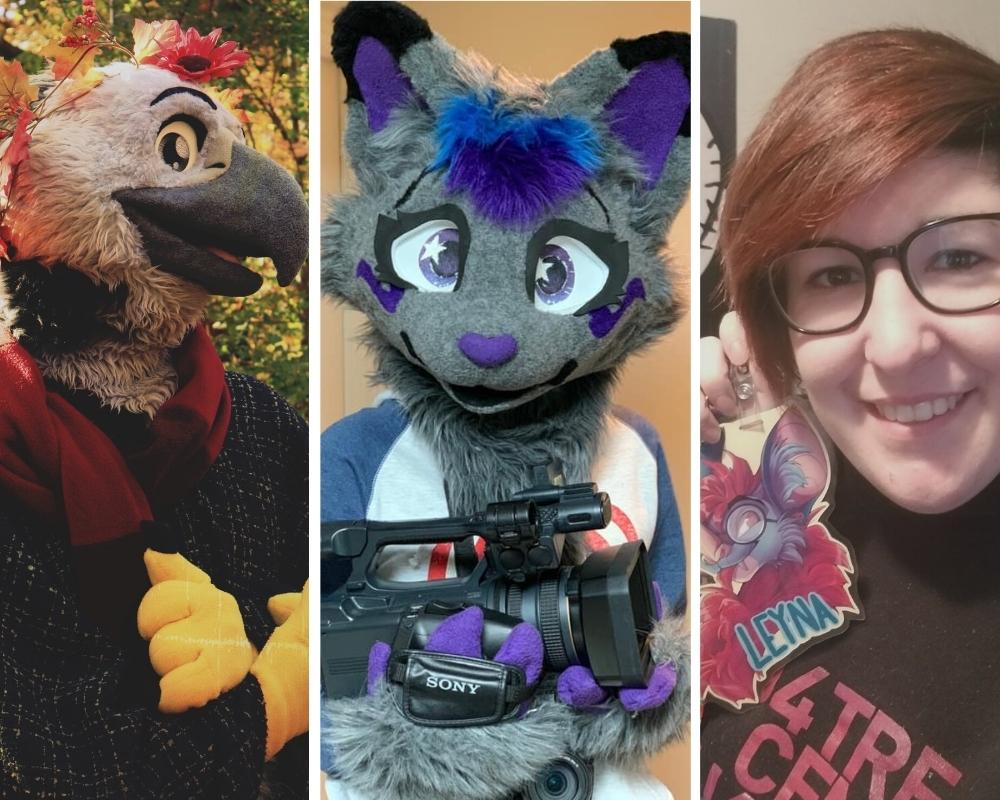 Les furries Flloyd The Bird (Étienne Charbonneau), Clay (Mya Arcato) et Léa Kelly avec un médaillon de Leyna The Nerdy Bat.