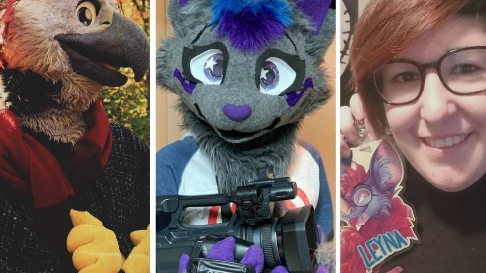 Les furries Flloyd The Bird (Étienne Charbonneau), Clay (Mya Arcato) et Léa Kelly avec un médaillon de Leyna The Nerdy Bat.