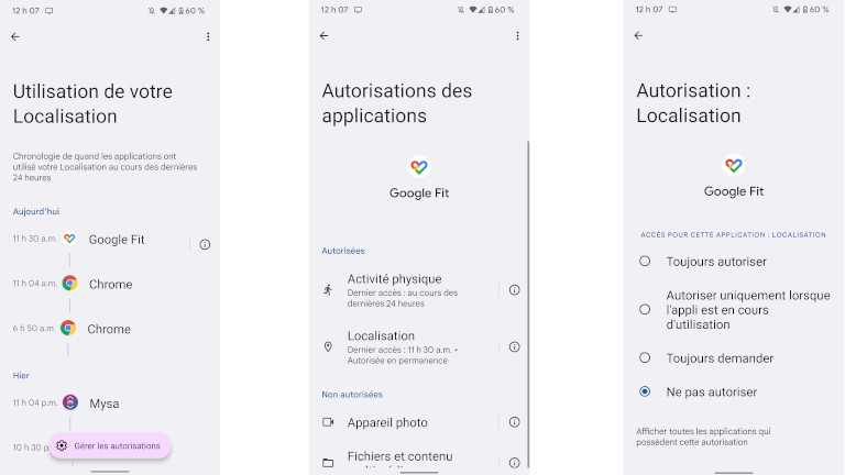 Tableau de bord confidentalit&eacute; Android 12 retirer autorisation