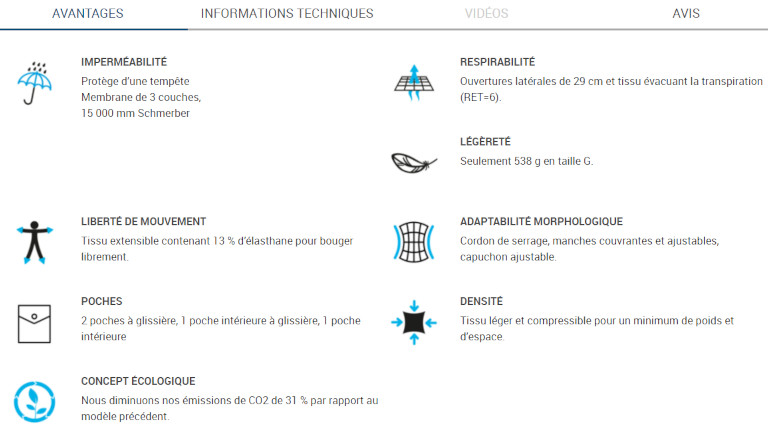 La plupart des fiches produits des vêtements sont vraiment détaillées et pertinentes. aperçu fiche technique produits Décathlon sport plein air