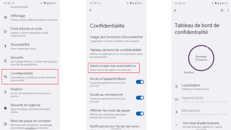 Comment acc&eacute;der tableau de bord confidentialit&eacute; Android 12