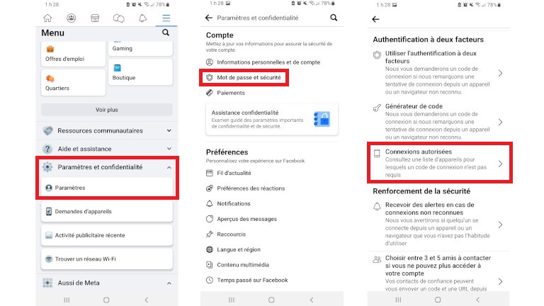 enregistrement informations connexion application facebook