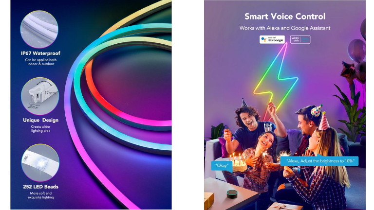 Les bandes lumineuses imperméables utilisent la technologie de Google et d’Alexa. govee lumière intelligente del neon