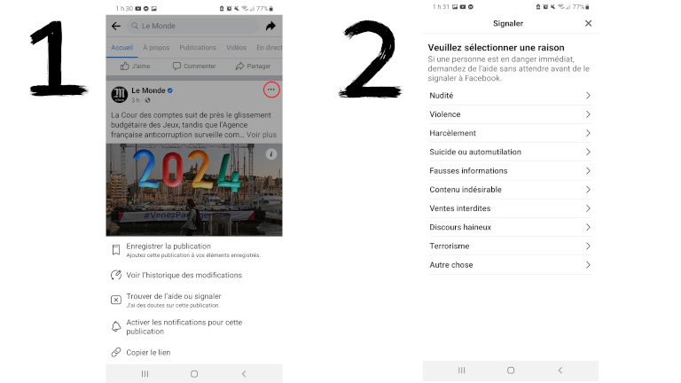 Il suffit de cliquer sur les petits points au haut d’une publication Facebook pour la signaler. signaler facebook publication
