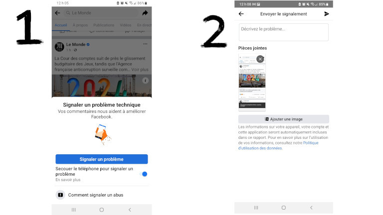 On peut secouer notre cellulaire pour signaler une publication Facebook. signaler problème Facebook publication