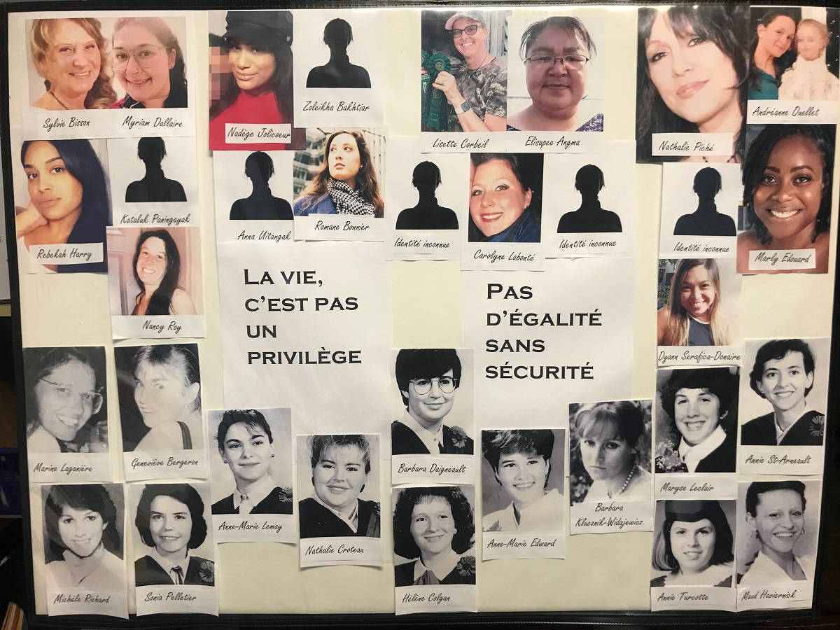 Les photos des victimes de Polytechnique et de celles de la vague de féminicides au Québec en 2021.