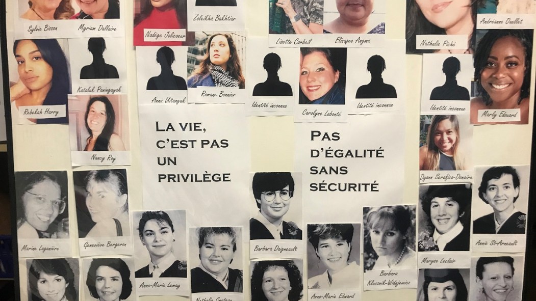 Les photos des victimes de Polytechnique et de celles de la vague de féminicides au Québec en 2021.