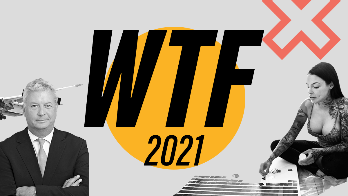 Montage affichant Michael Rousseau et Hélène Boudreau pour illustrer le bilan de l'année 2021, avec les mots «WTF 2021» en gros.