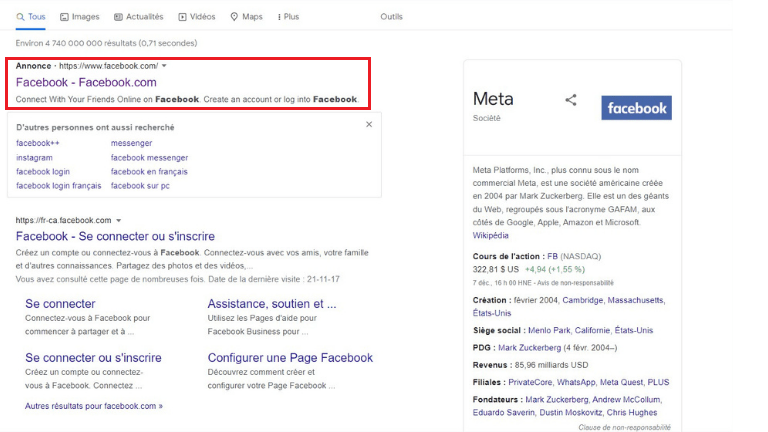 aper&ccedil;u tentative fraude hame&ccedil;onnage annonce Facebook Google