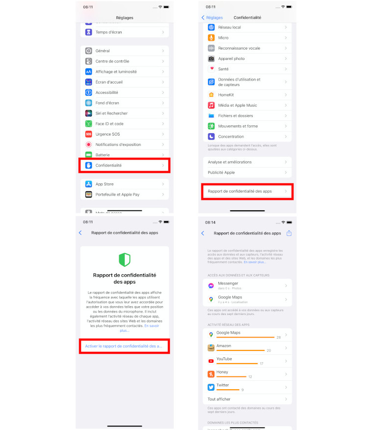 Comment activer rapport confidentialit&eacute; des apps iPhone iPad