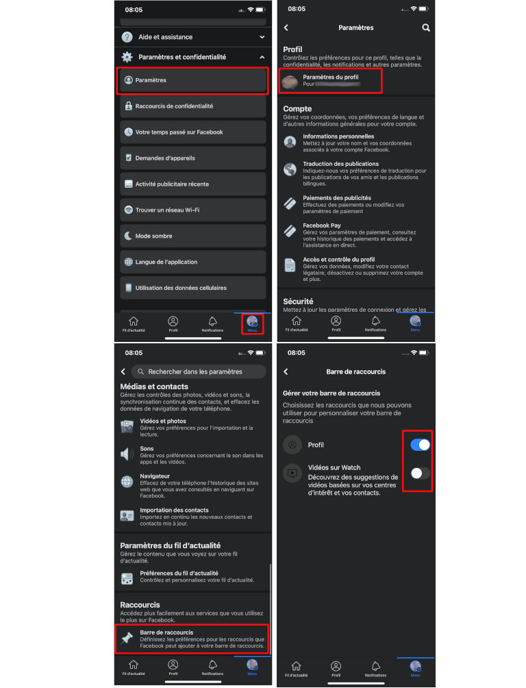 Comment g&eacute;rer barre de raccourcis application Facebook