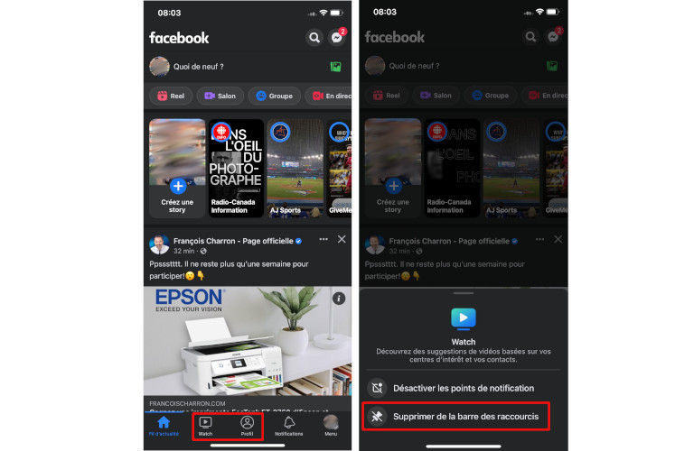 Comment retirer raccourcis Facebook
