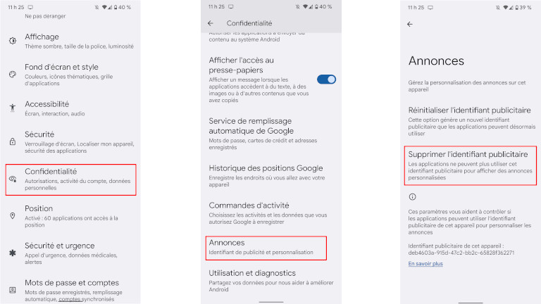 Comment supprimer identifiant publicitaire Android 12 t&eacute;l&eacute;phone tablette