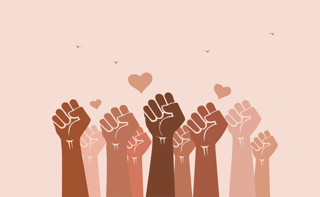 graphique de poings levés dans les airs, multiculturel, solidarité, amour