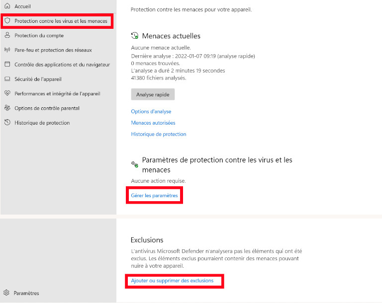 Windows Defender comment acc&eacute;der liste d'exclusion