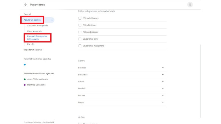 Ajouter calendriers &eacute;v&egrave;nements Google Agenda